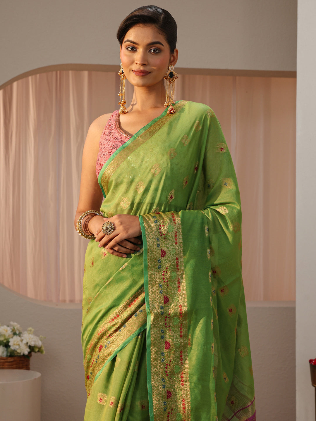  Green Jacquard Woven Design Silk Blend Saree 