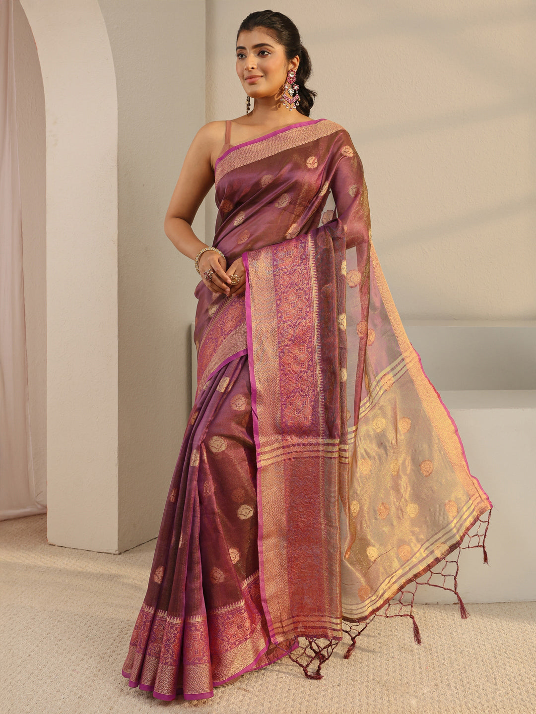  Libas Burgundy Jacquard Woven Design Silk Blend Saree 