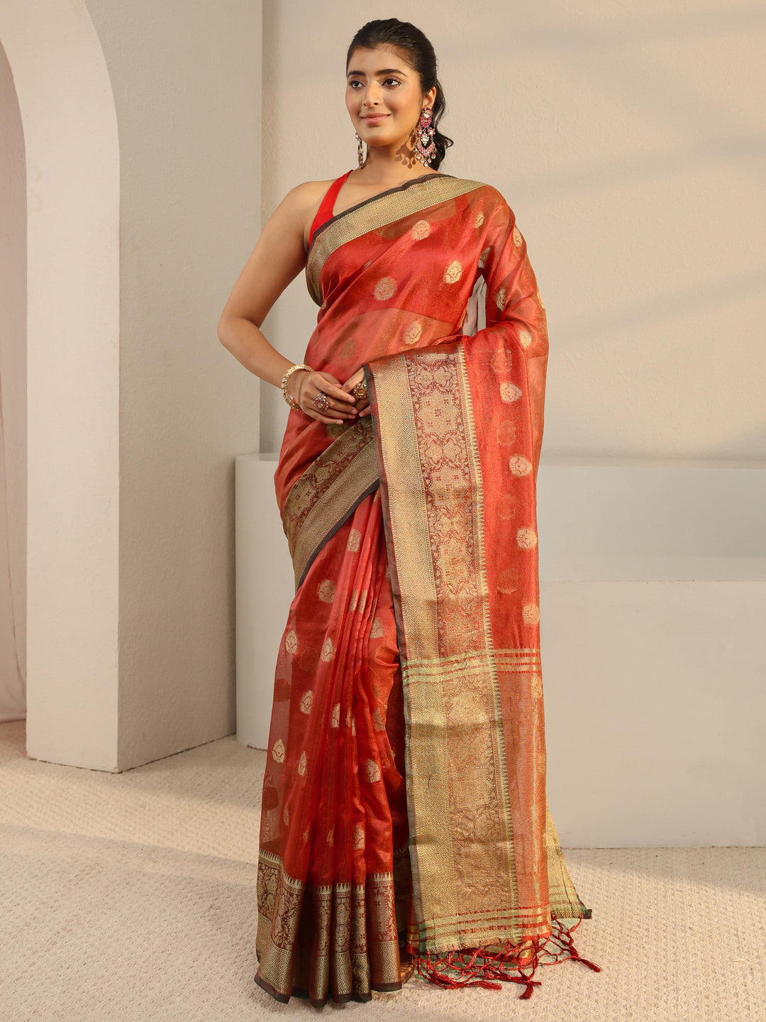  Red Ethnic Woven Design Silk Blend Saree With Unstitched Blouse Piece 