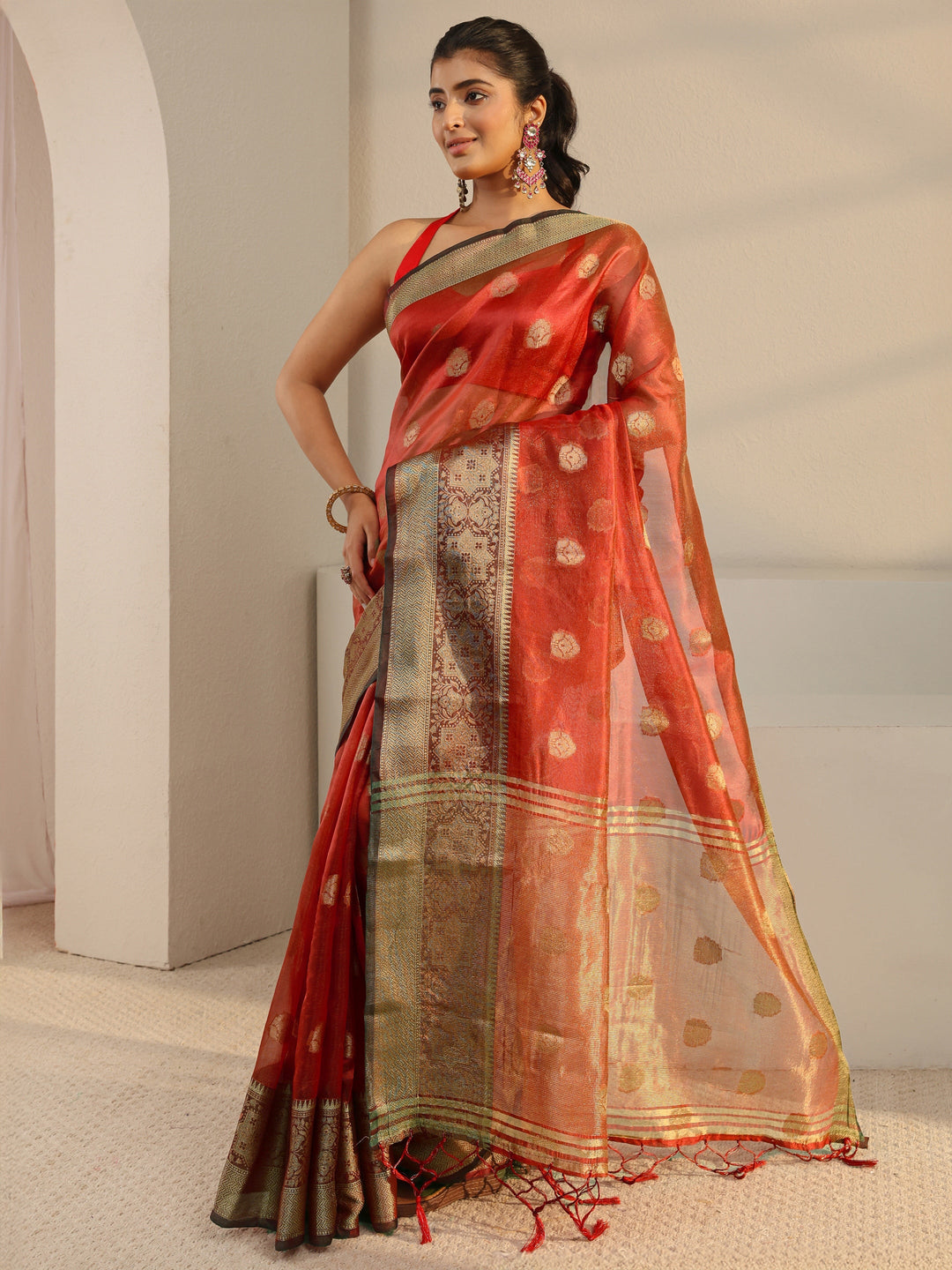  Red Ethnic Woven Design Silk Blend Saree With Unstitched Blouse Piece 