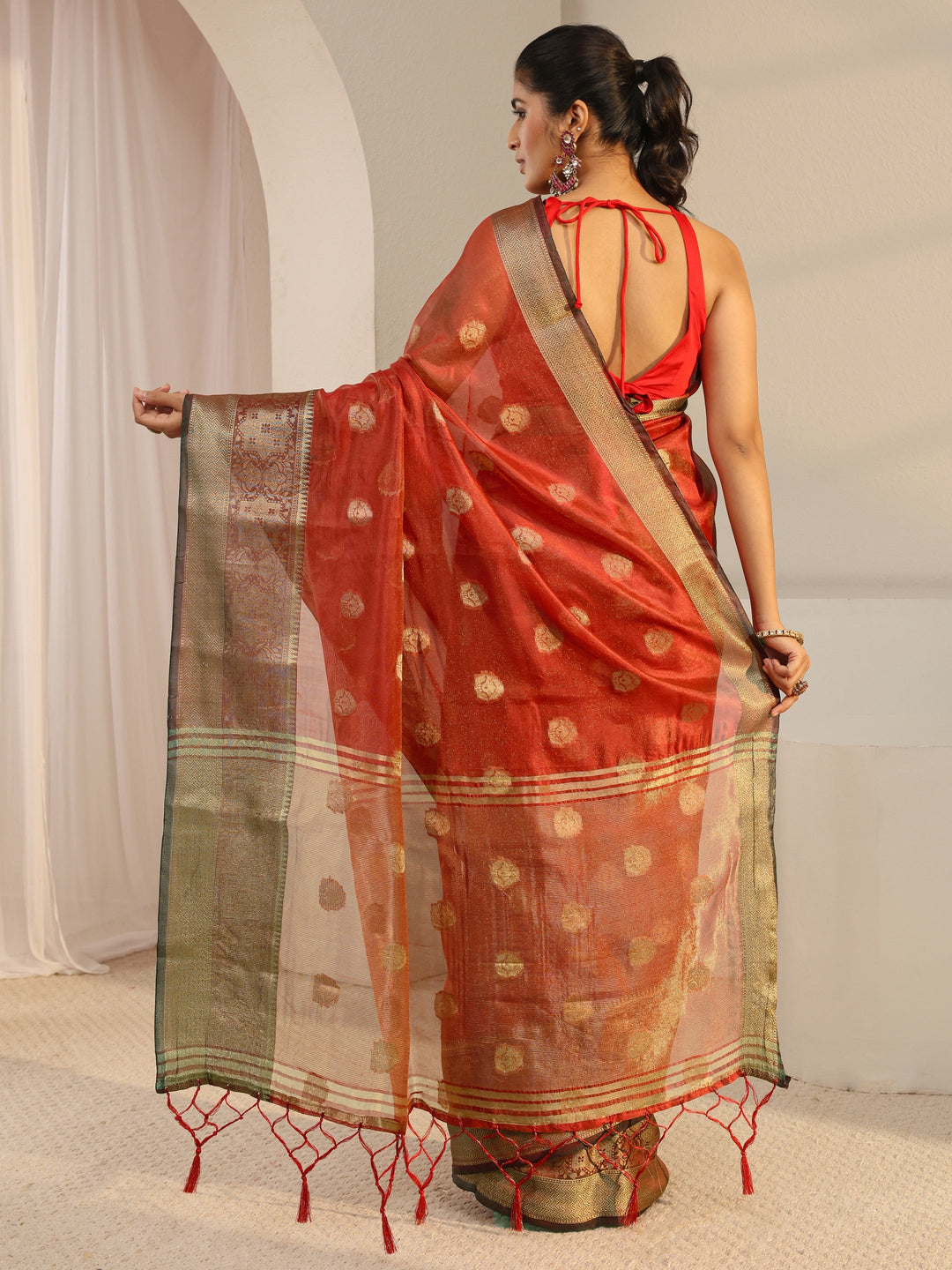  Red Ethnic Woven Design Silk Blend Saree With Unstitched Blouse Piece 
