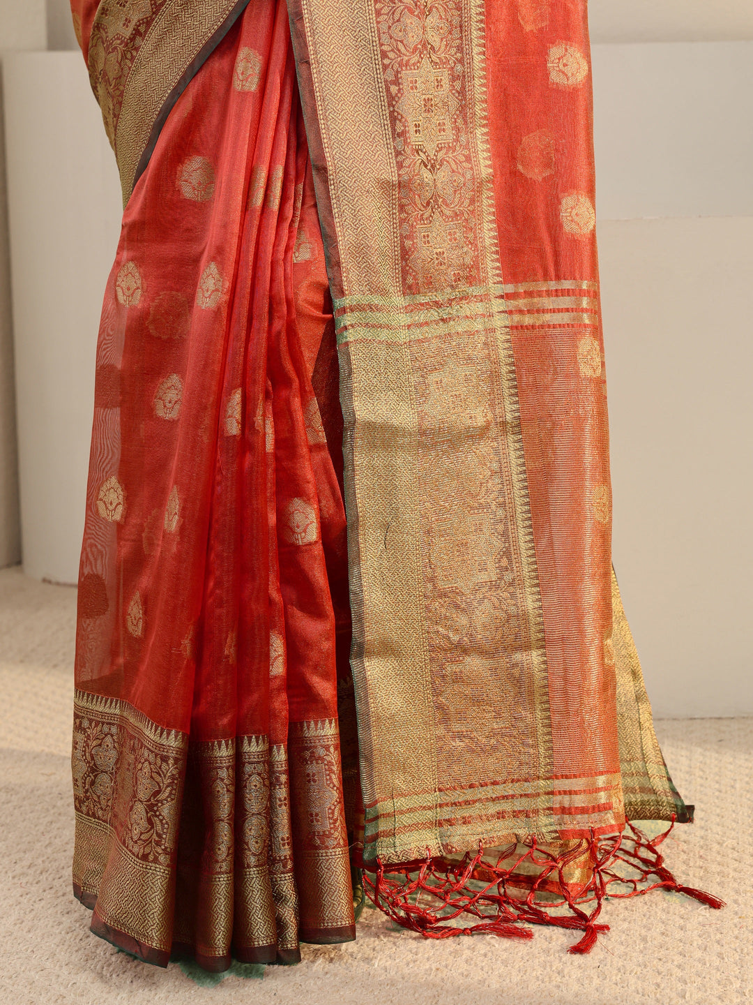  Red Ethnic Woven Design Silk Blend Saree With Unstitched Blouse Piece 