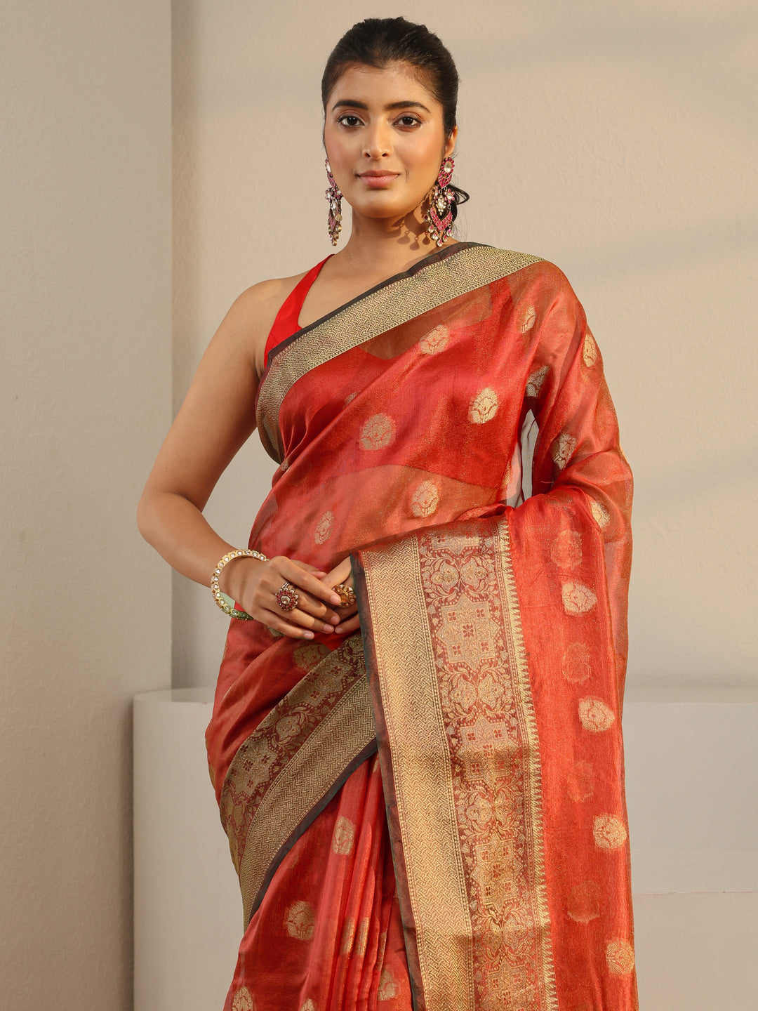  Red Ethnic Woven Design Silk Blend Saree With Unstitched Blouse Piece 