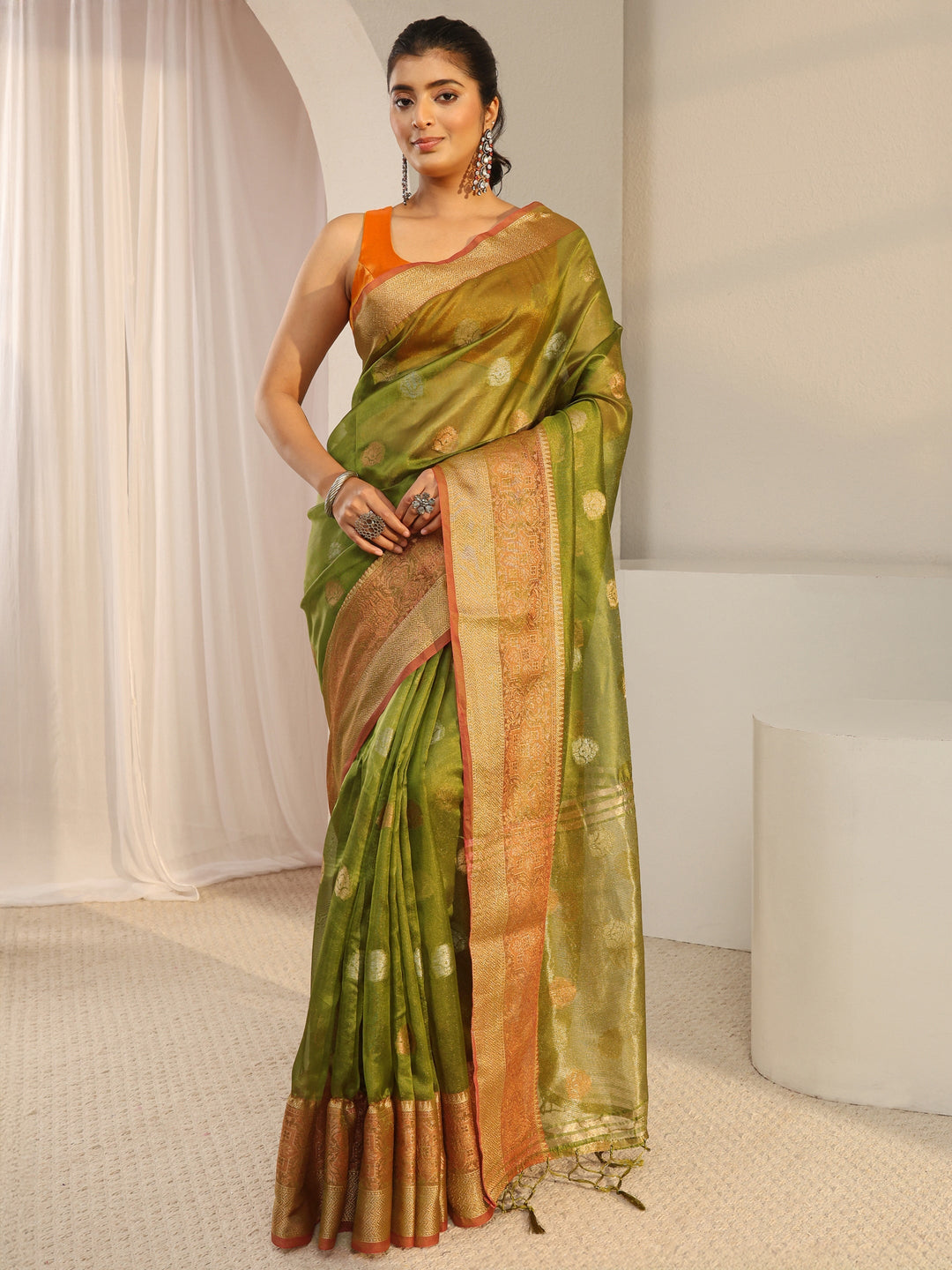  Libas Green Jacquard Woven Design Silk Blend Saree 