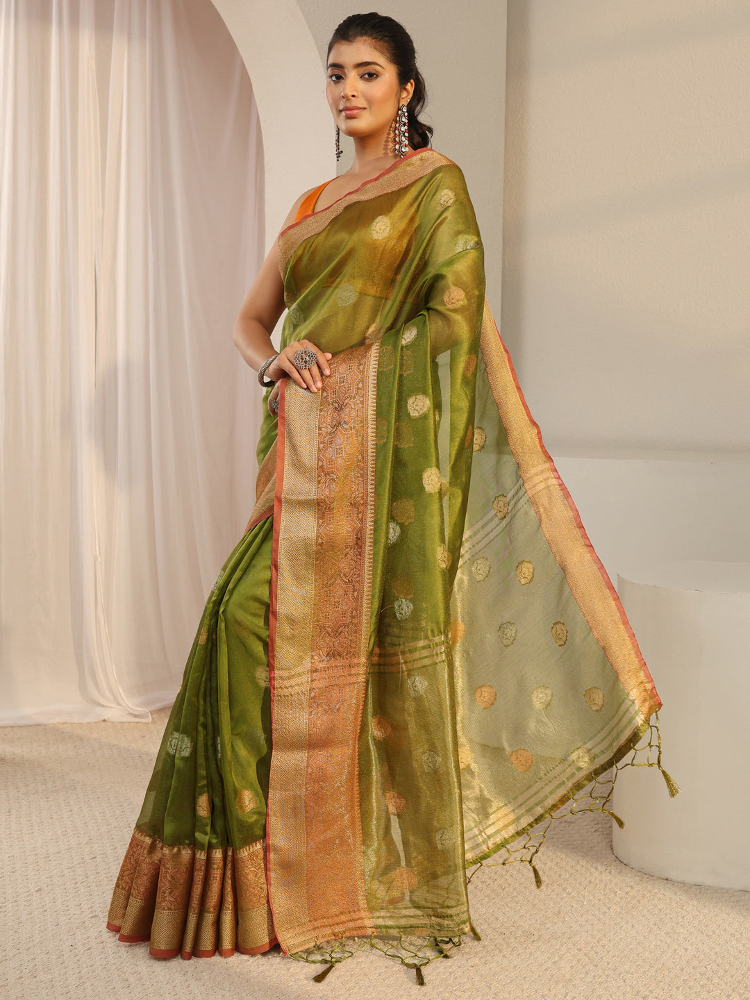  Libas Green Jacquard Woven Design Silk Blend Saree 