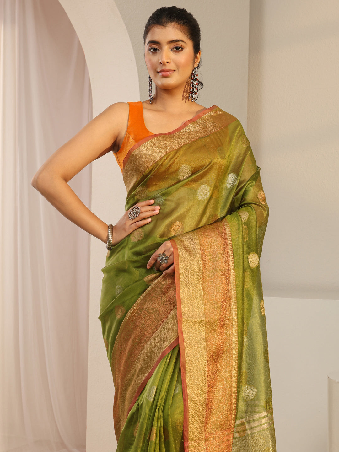  Libas Green Jacquard Woven Design Silk Blend Saree 