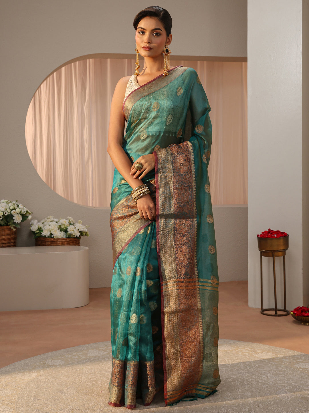  Blue Jacquard Woven Design Silk Blend Saree 