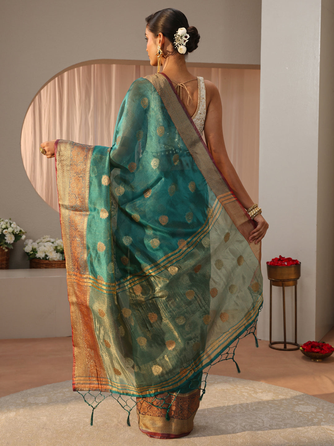  Blue Jacquard Woven Design Silk Blend Saree 
