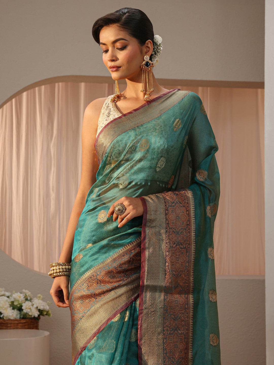  Blue Jacquard Woven Design Silk Blend Saree 