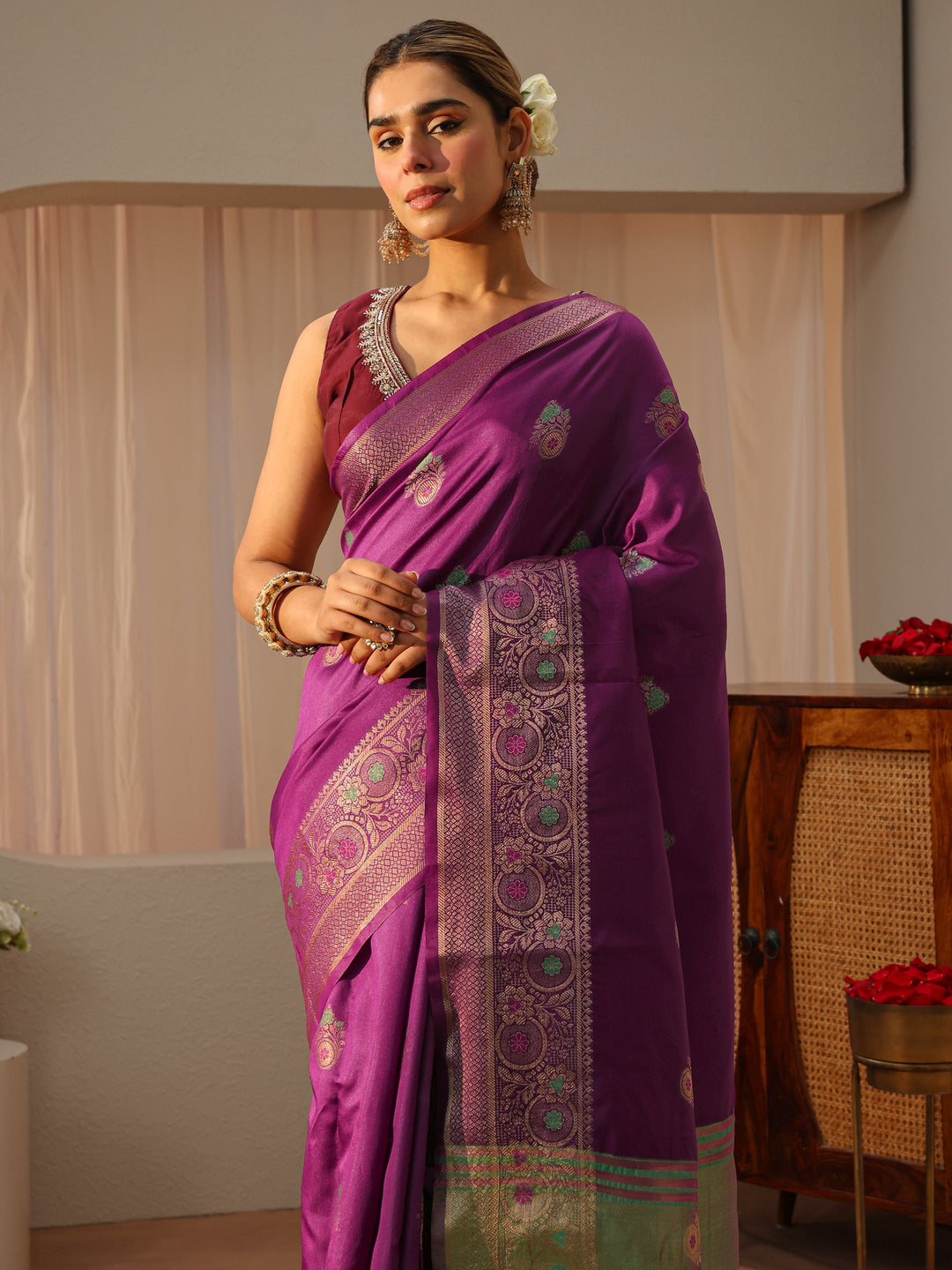  Purple Kanjeevaram Silk Blend Saree 