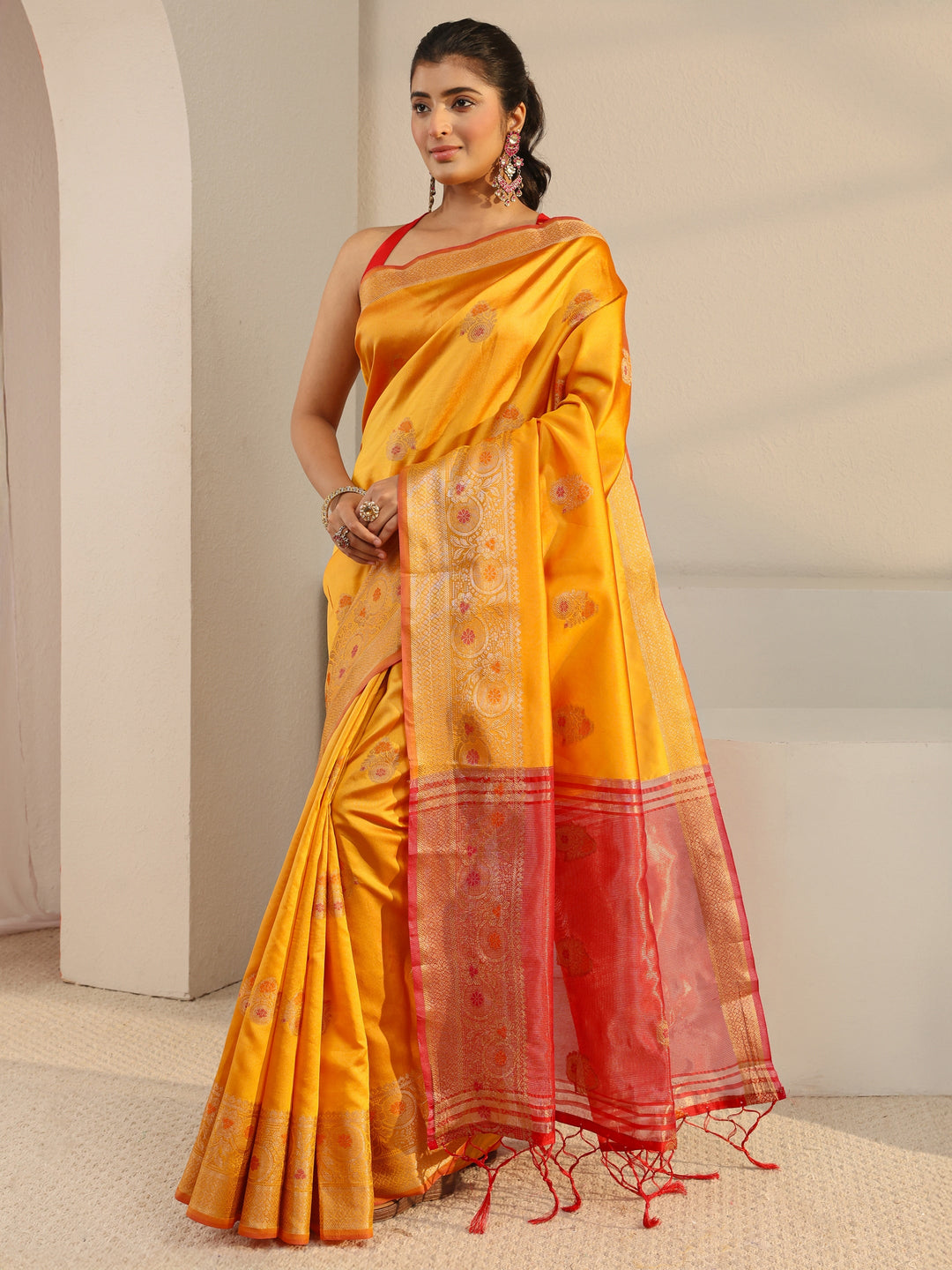  Mustard Floral Woven Design Silk Blend Saree With Unstitched Blouse Piece 