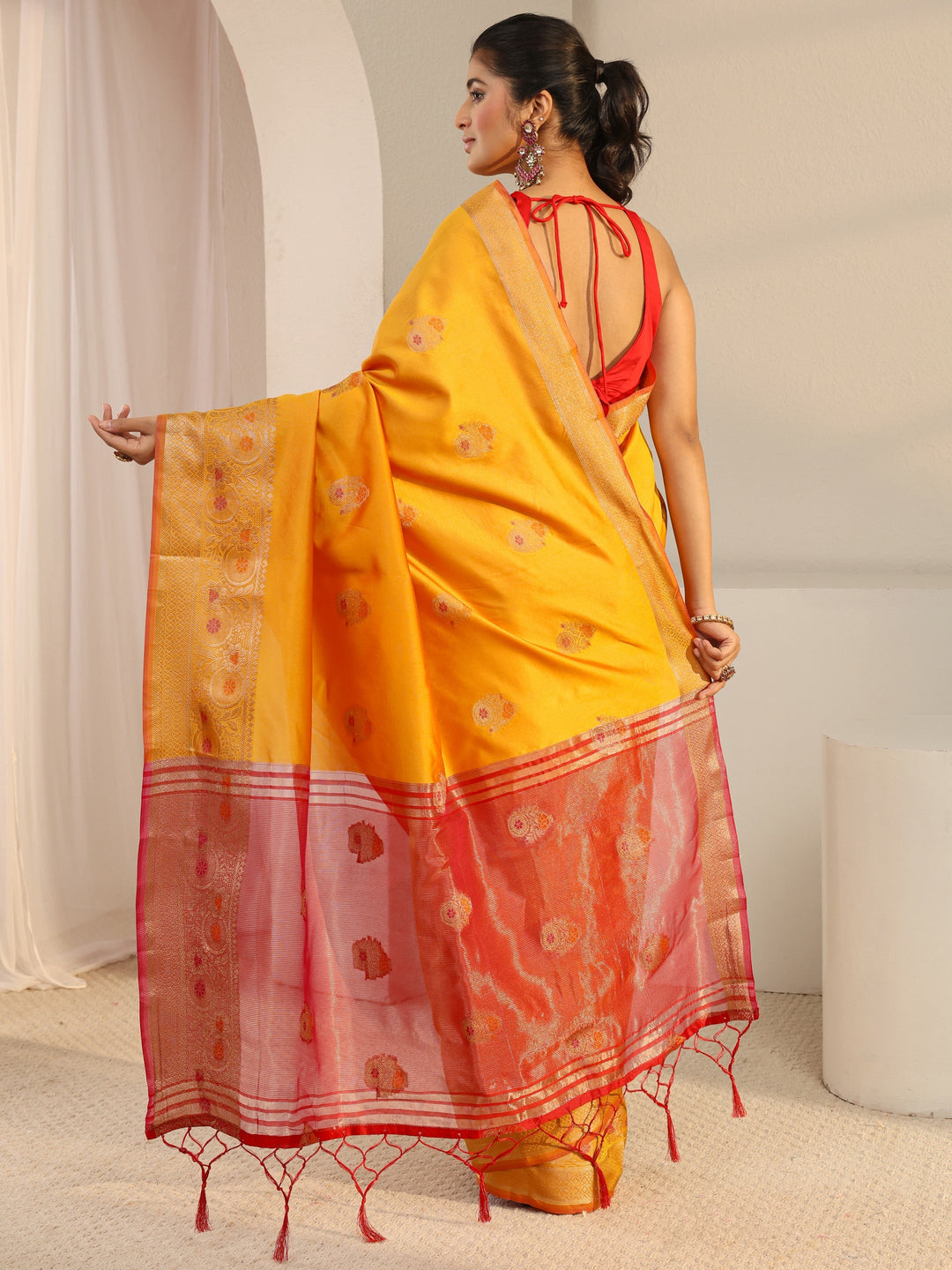  Mustard Floral Woven Design Silk Blend Saree With Unstitched Blouse Piece 