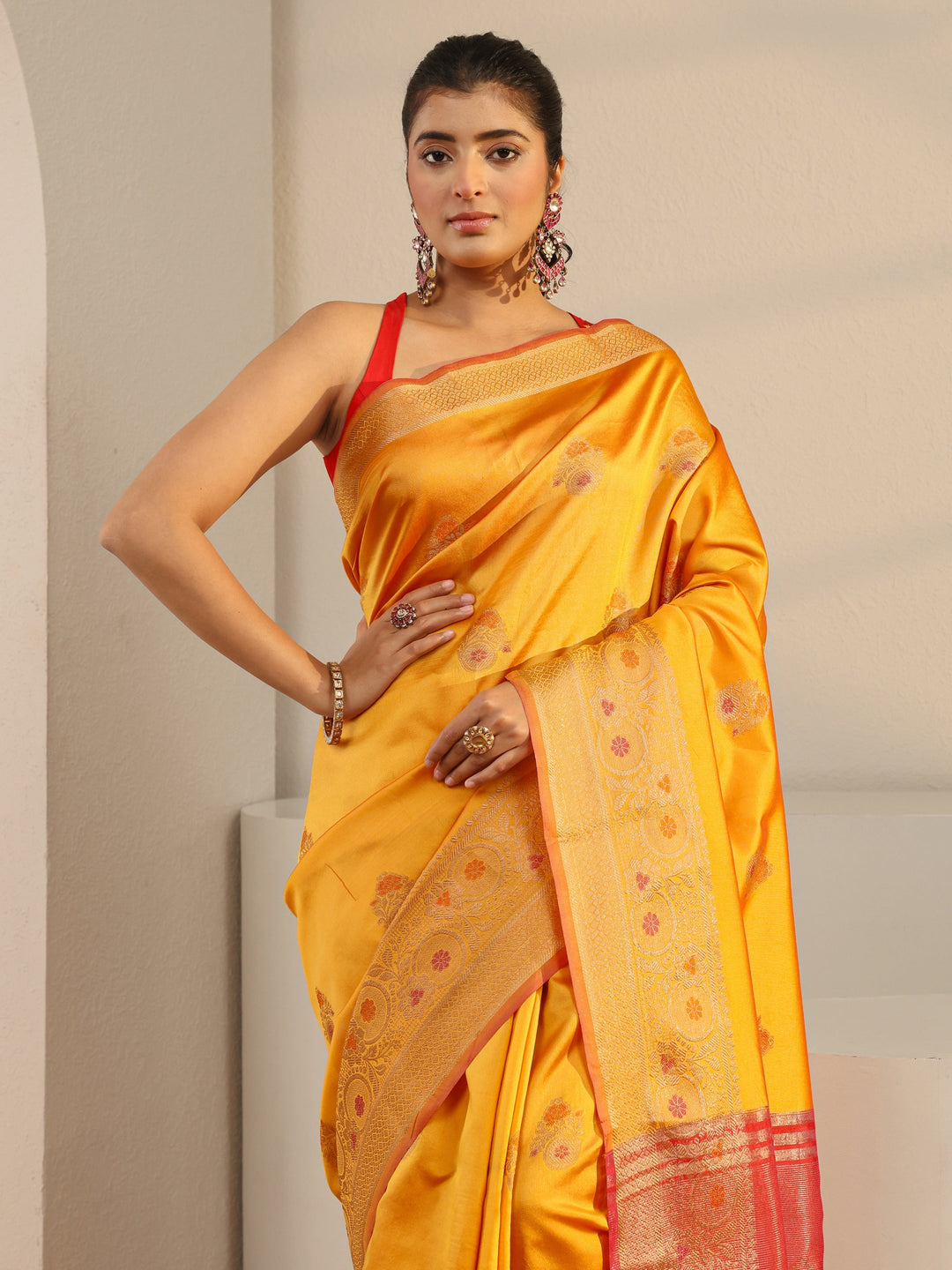  Mustard Floral Woven Design Silk Blend Saree With Unstitched Blouse Piece 