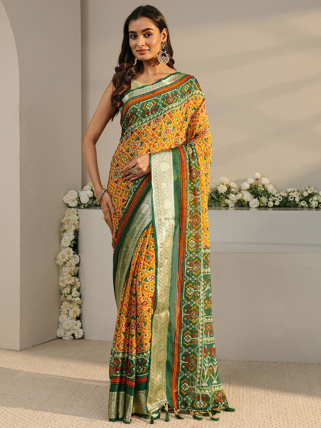  Mustard Pochampally Ikkat Silk Blend Saree With Unstitched Blouse Piece 