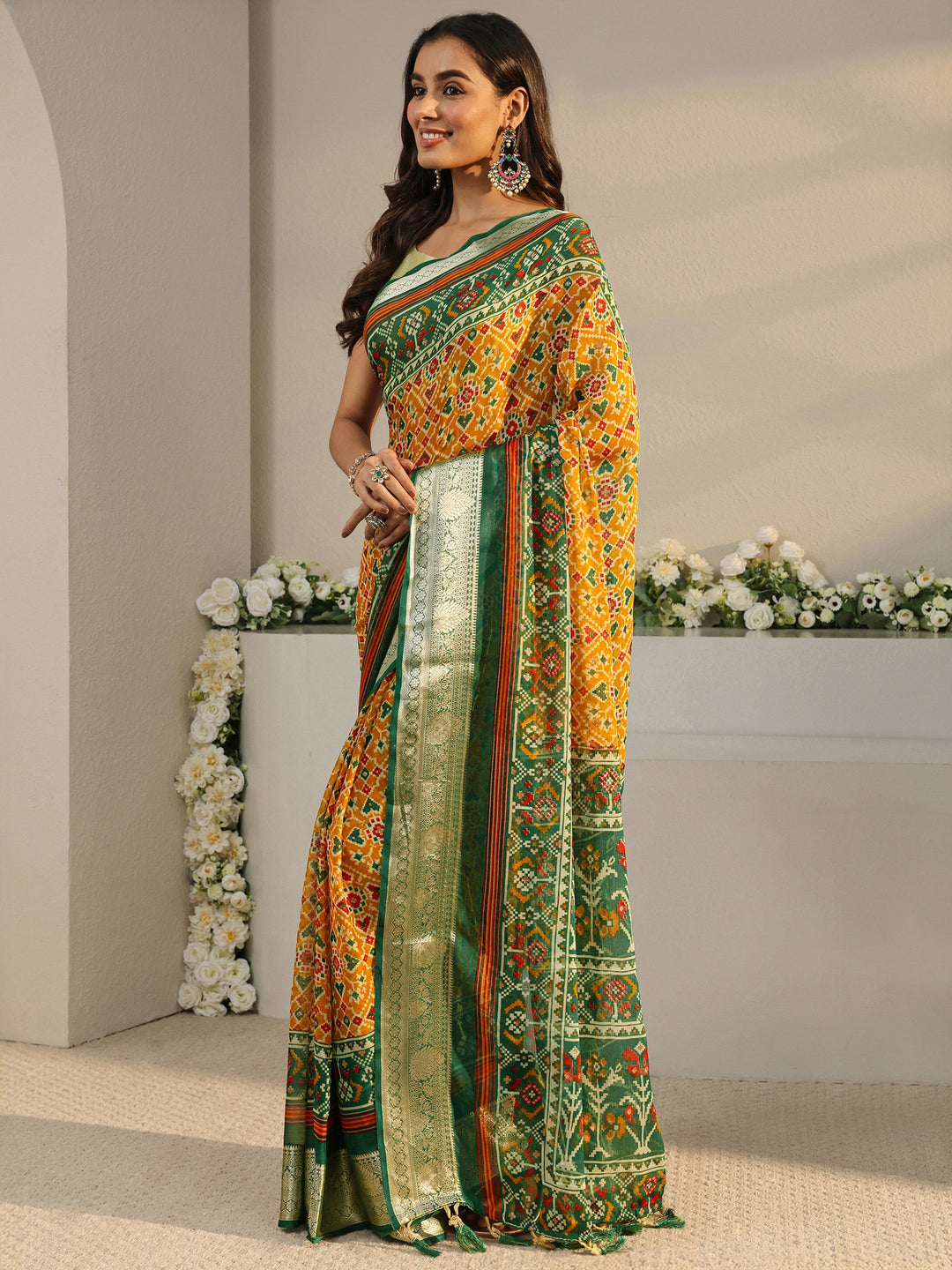  Mustard Pochampally Ikkat Silk Blend Saree With Unstitched Blouse Piece 