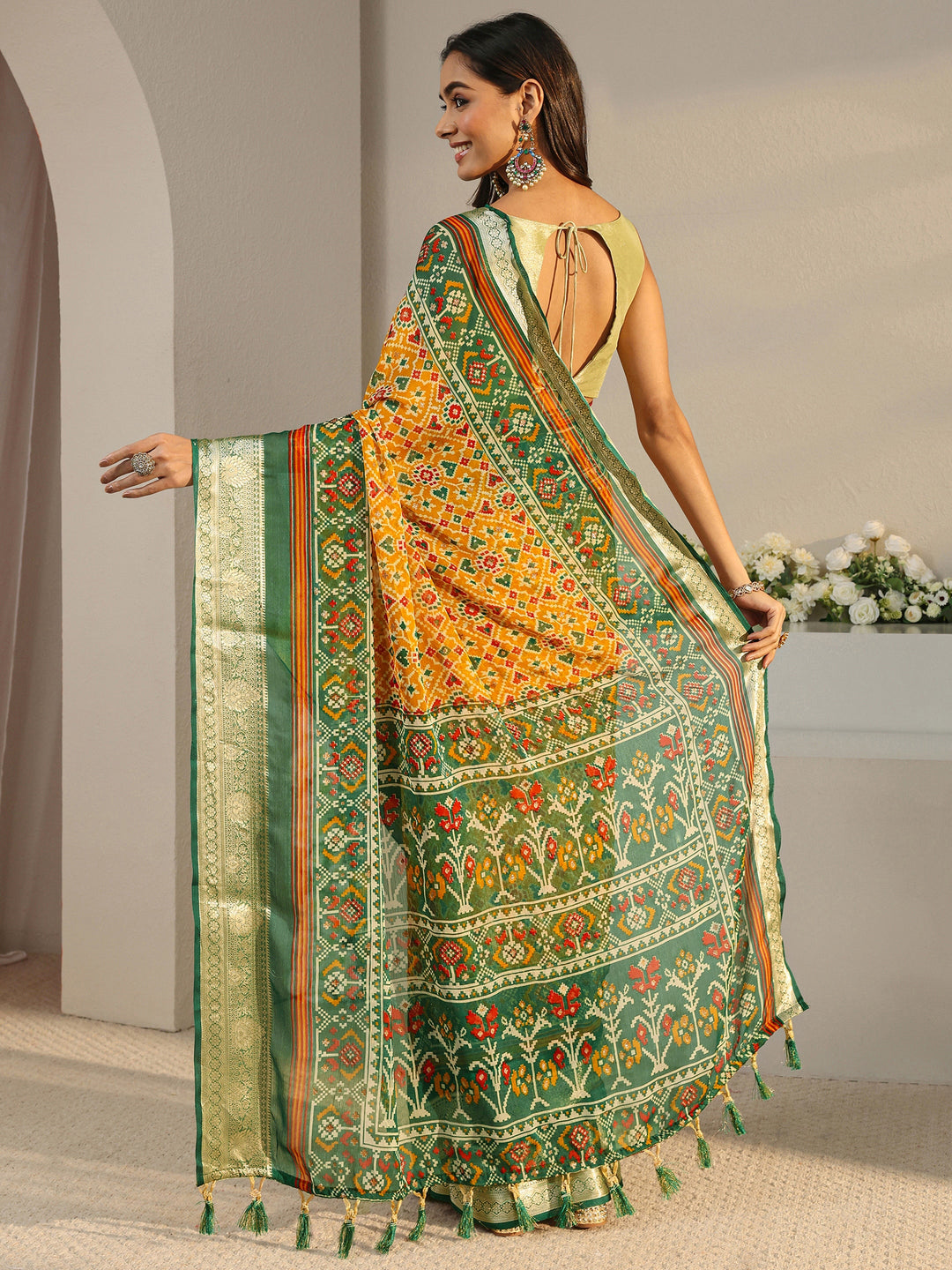  Mustard Pochampally Ikkat Silk Blend Saree With Unstitched Blouse Piece 
