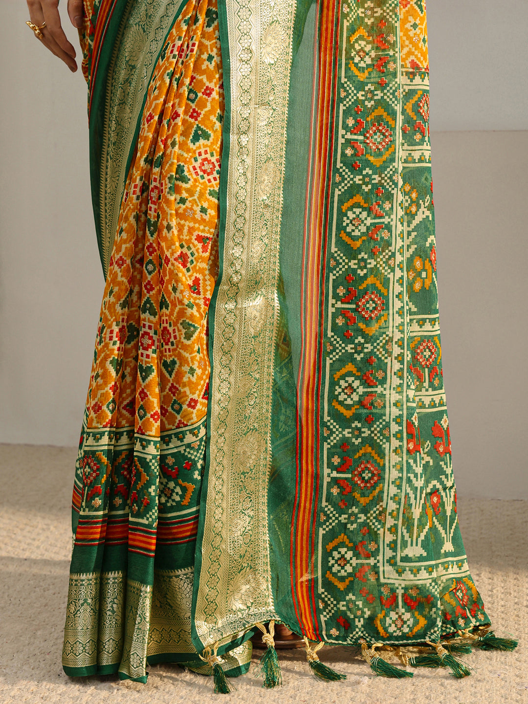  Mustard Pochampally Ikkat Chiffon Saree With Unstitched Blouse Piece 