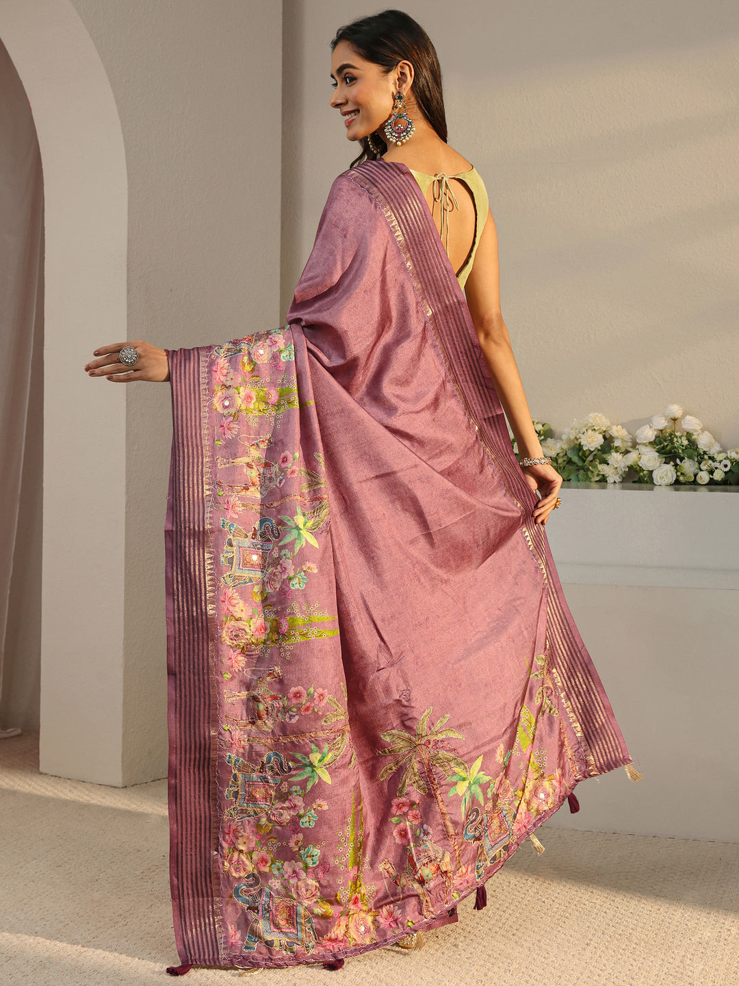  Purple Royal Printed Silk Blend Saree With Unstitched Blouse Piece 