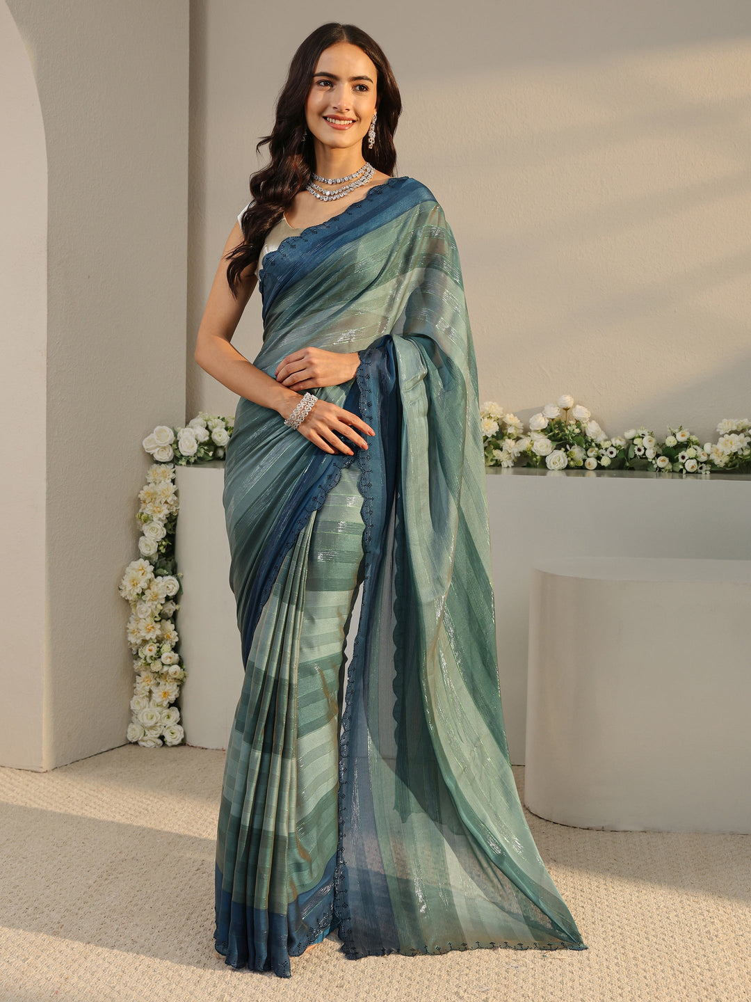 Green Striped Printed Chiffon Saree With Unstitched Blouse Piece 