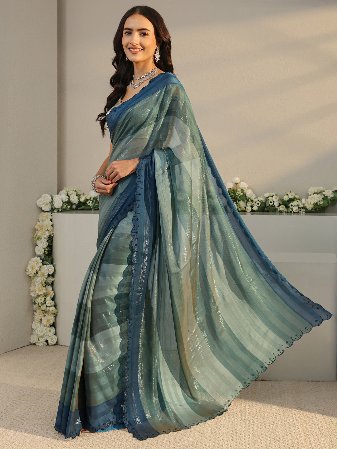  Green Striped Printed Chiffon Saree With Unstitched Blouse Piece 