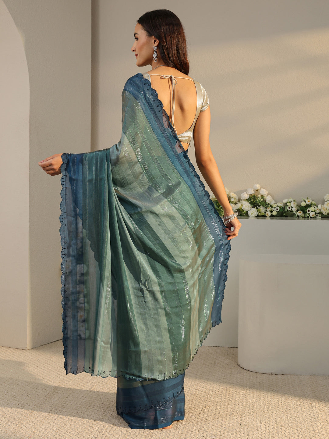  Green Striped Printed Chiffon Saree With Unstitched Blouse Piece 