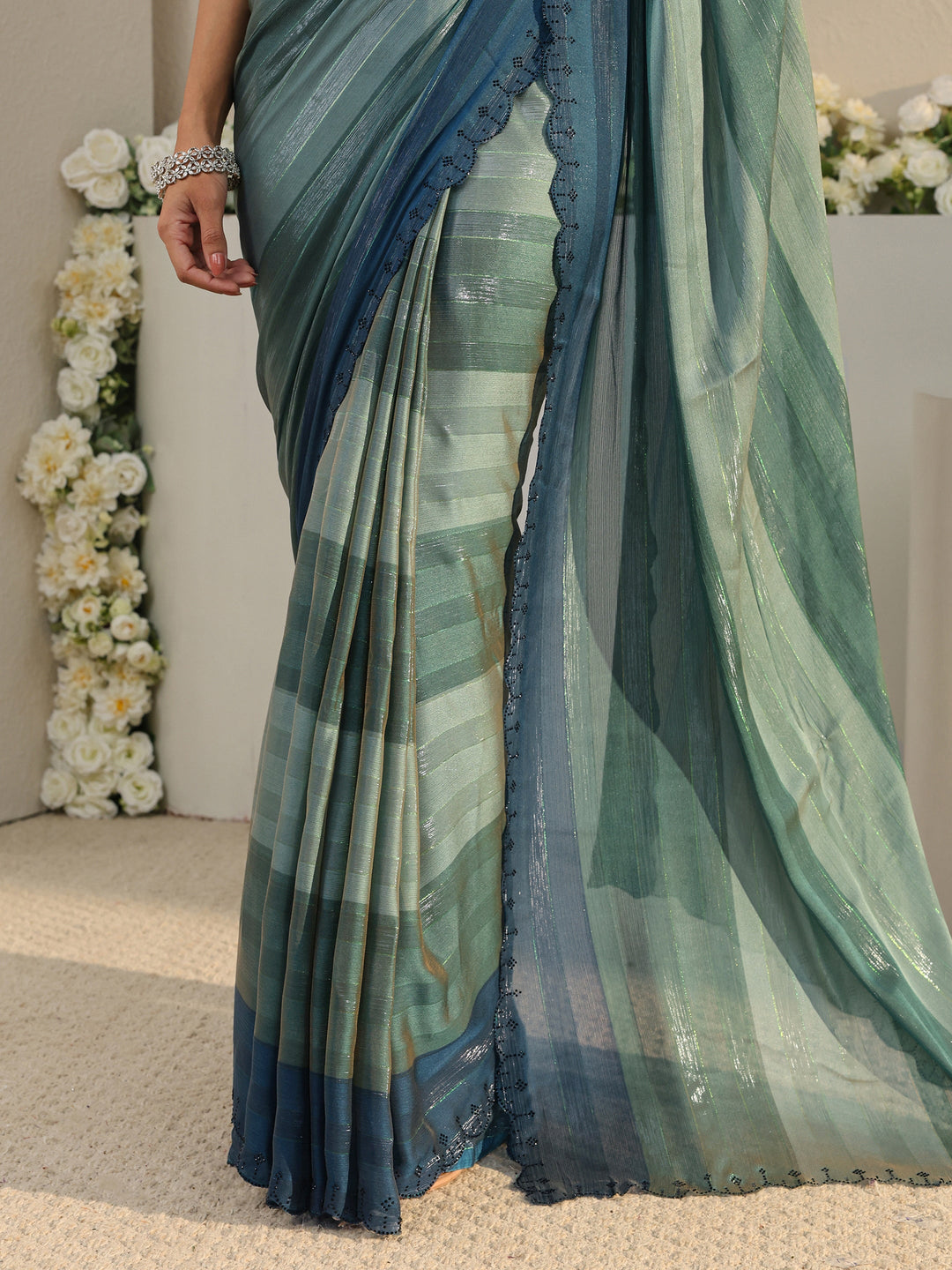  Green Striped Printed Chiffon Saree With Unstitched Blouse Piece 