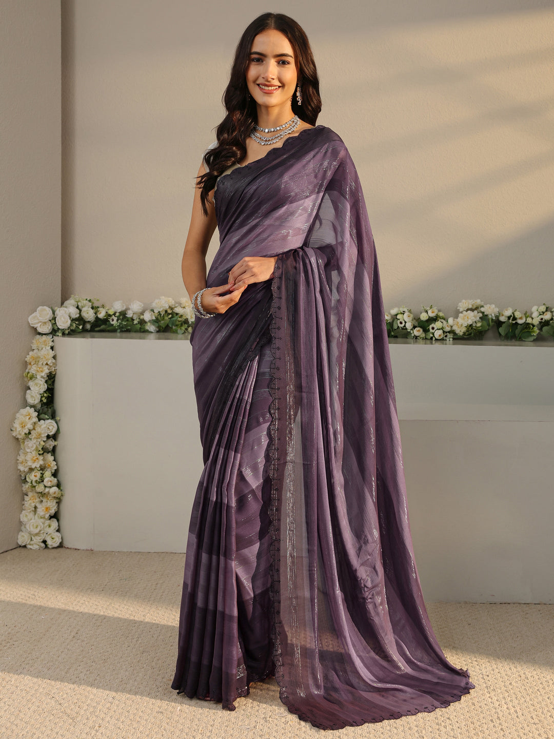  Purple Striped Printed Chiffon Saree With Unstitched Blouse Piece 