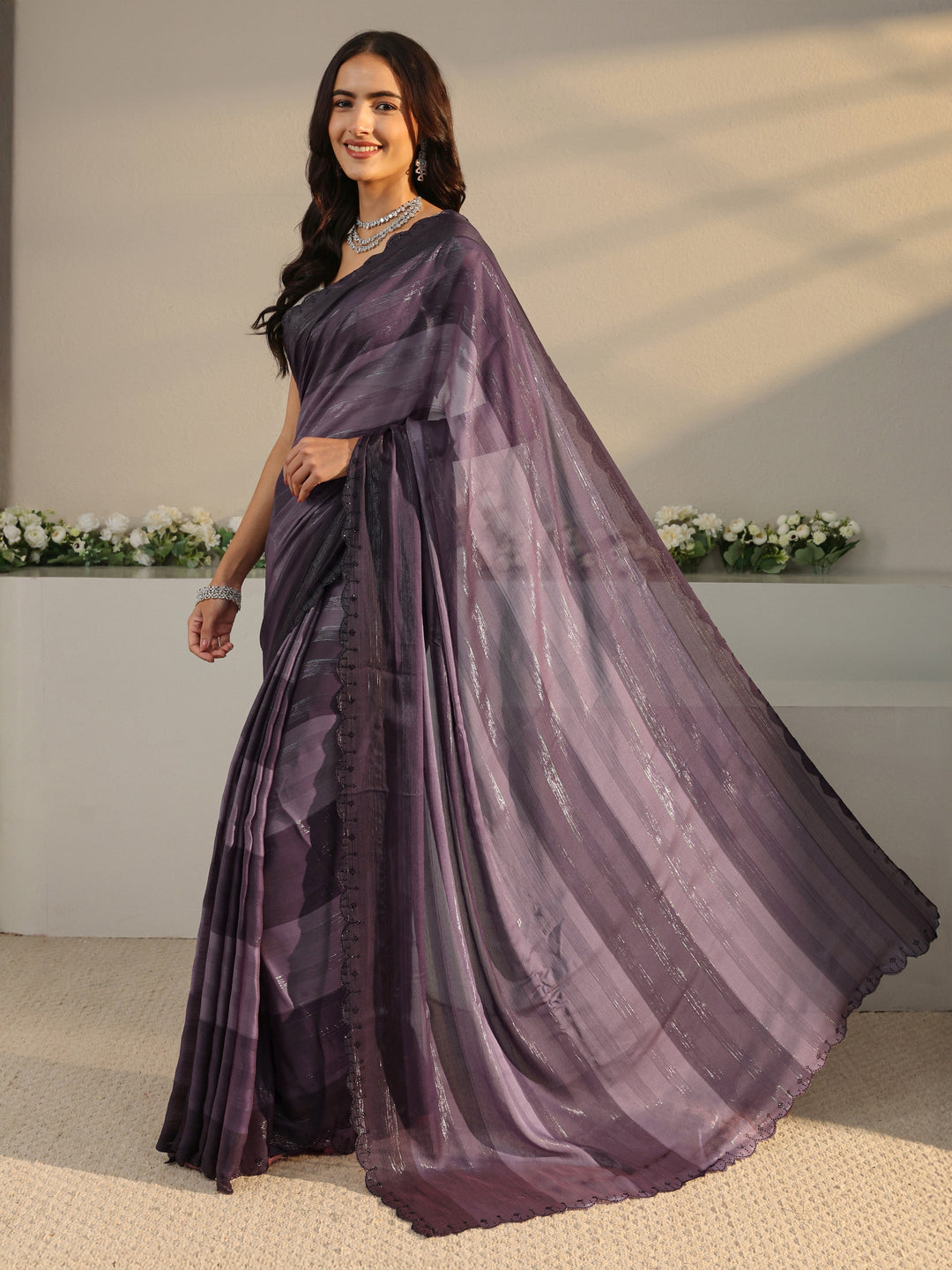  Purple Striped Printed Chiffon Saree With Unstitched Blouse Piece 