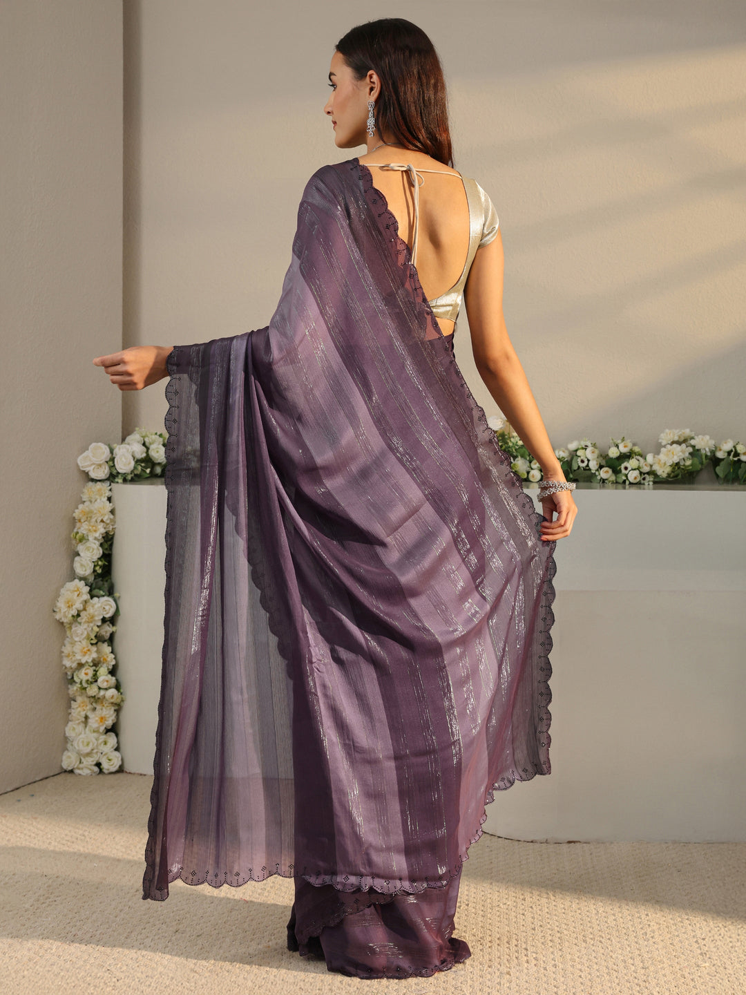  Purple Striped Printed Chiffon Saree With Unstitched Blouse Piece 