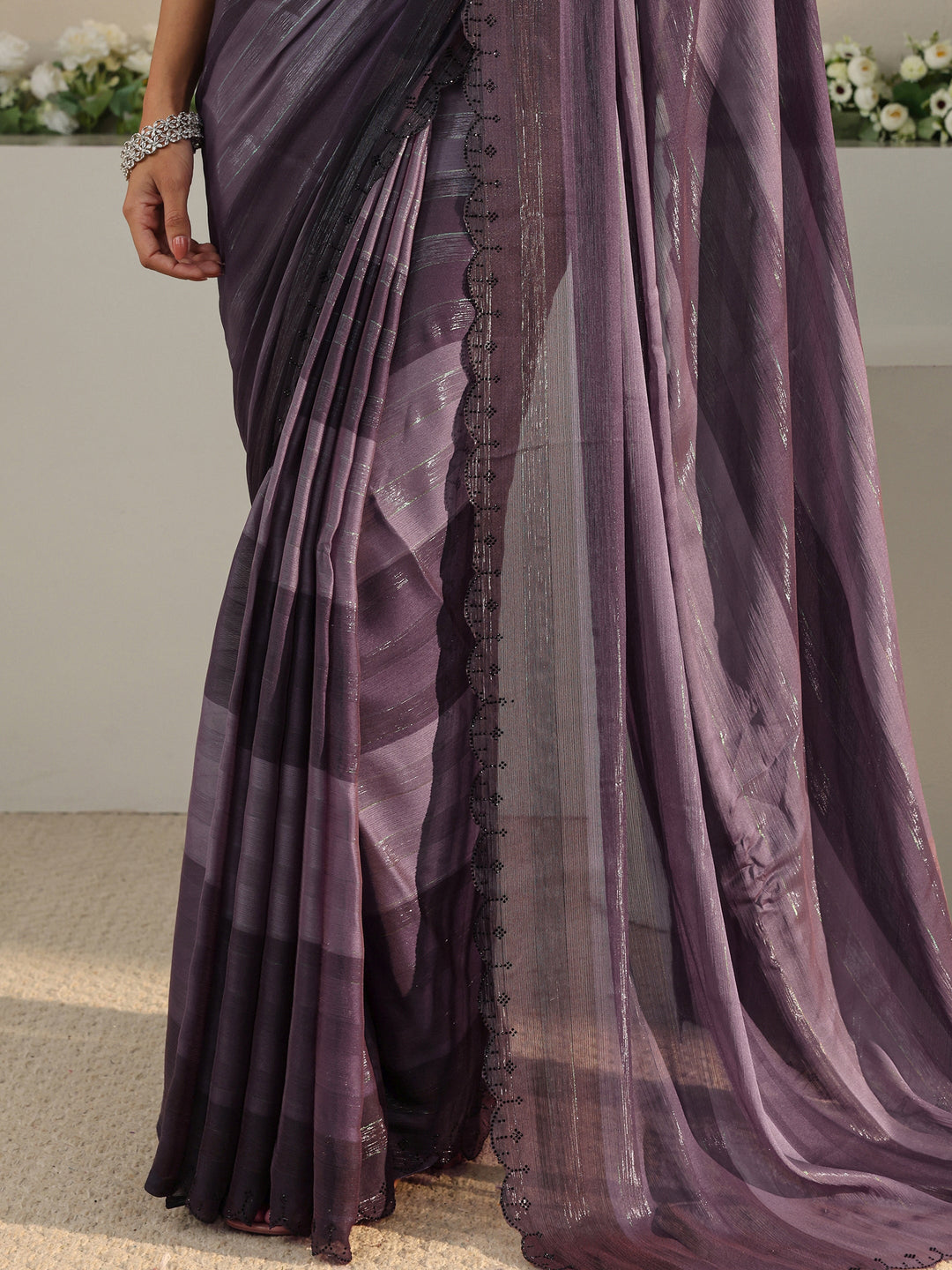  Purple Striped Printed Chiffon Saree With Unstitched Blouse Piece 