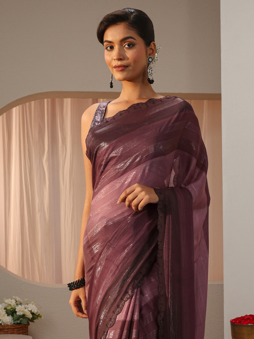  Mauve Striped Printed Chiffon Saree 