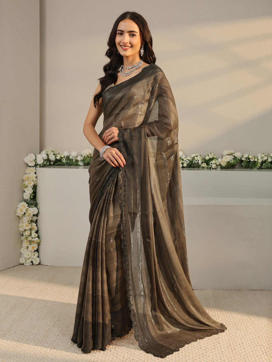  Brown Striped Printed Chiffon Saree With Unstitched Blouse Piece 