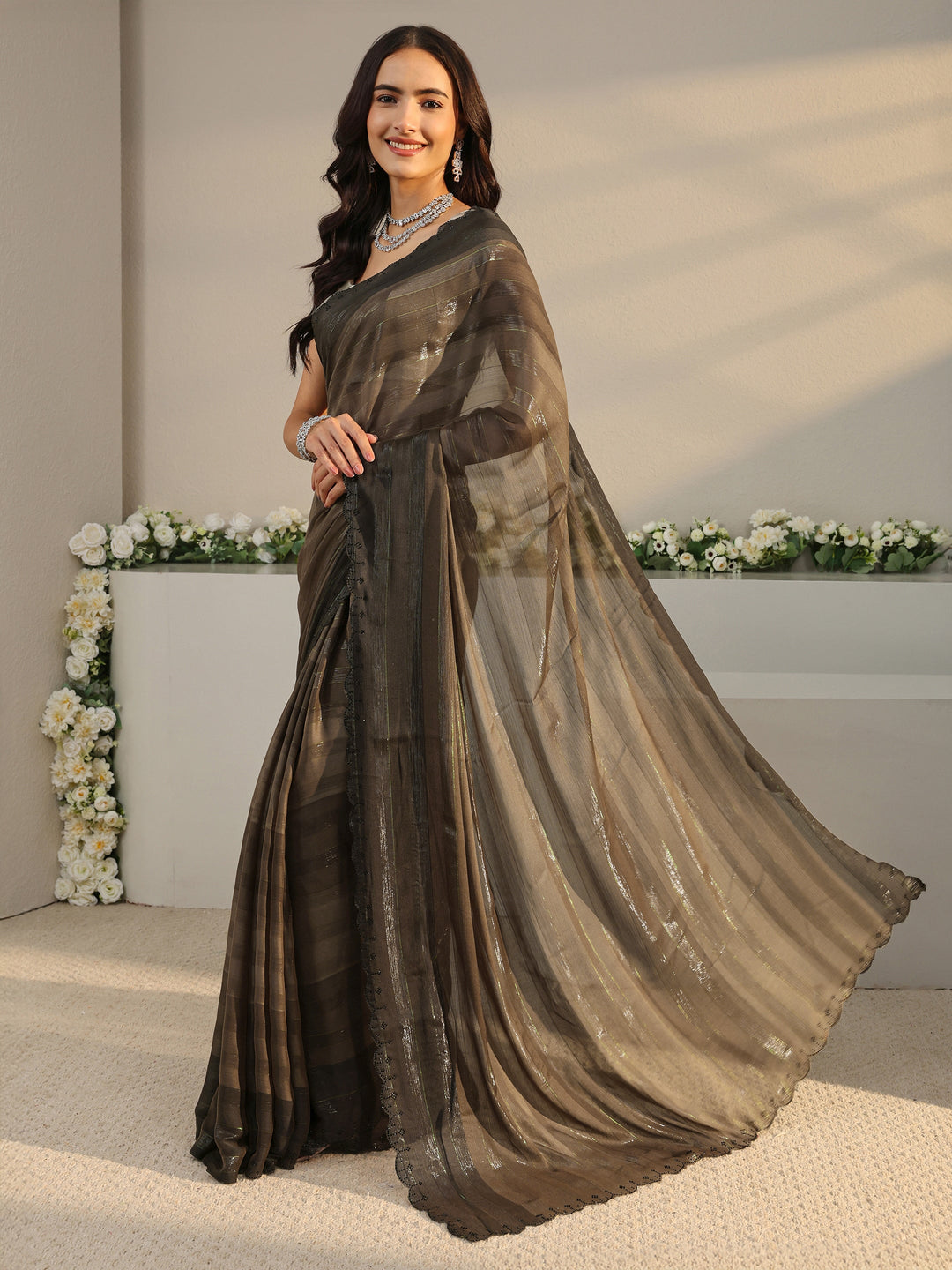  Brown Striped Printed Chiffon Saree With Unstitched Blouse Piece 