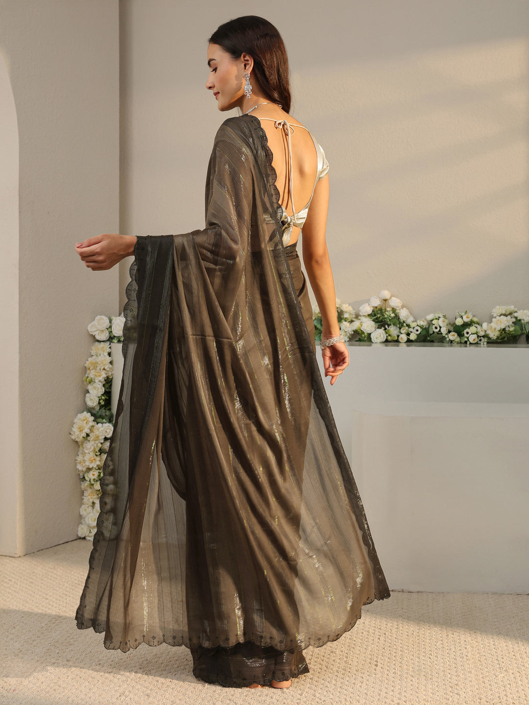  Brown Striped Printed Chiffon Saree With Unstitched Blouse Piece 