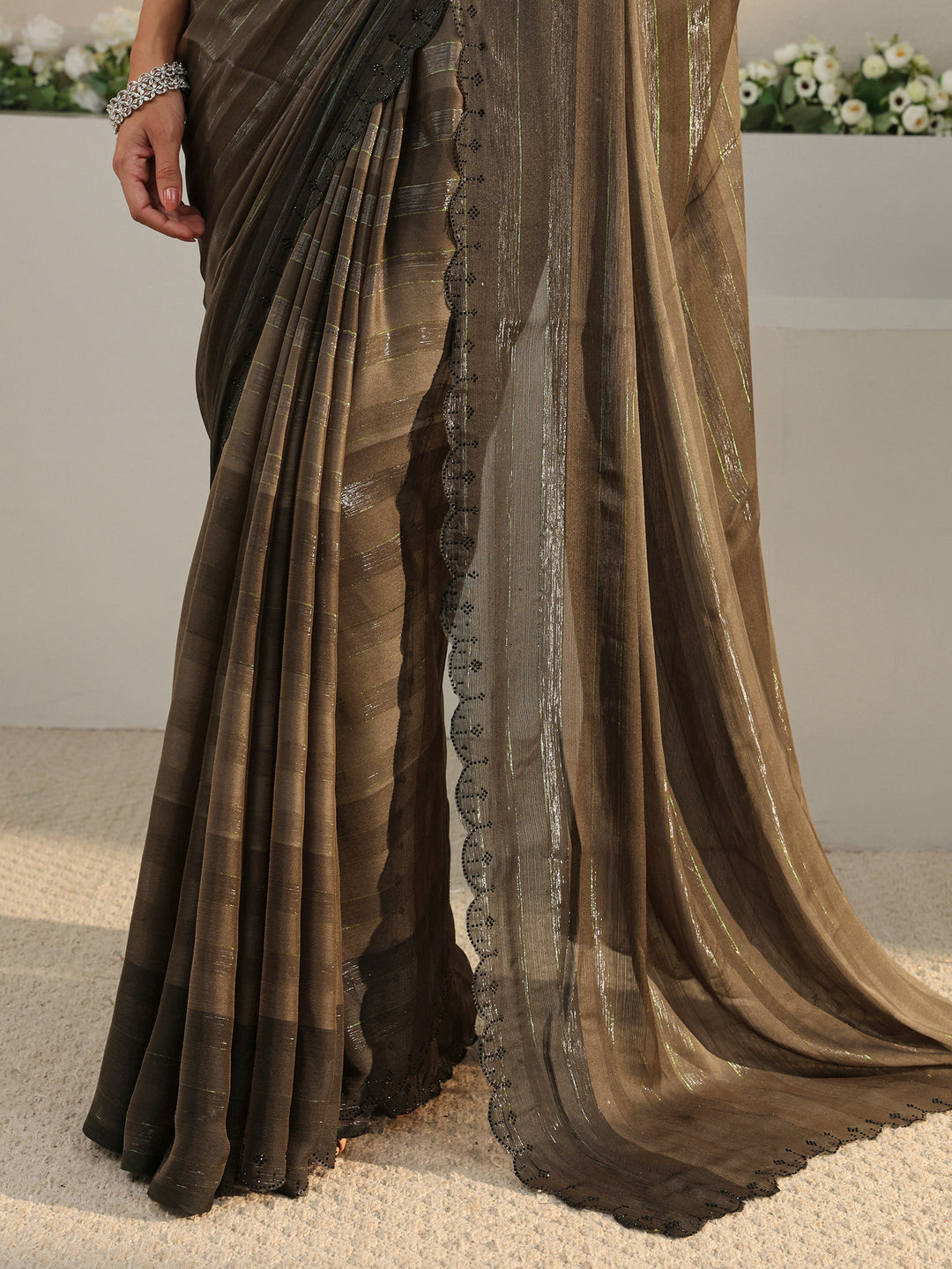  Brown Striped Printed Chiffon Saree With Unstitched Blouse Piece 