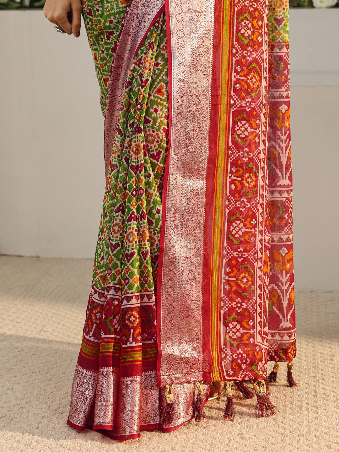  Green Pochampally Ikkat Chiffon Saree With Unstitched Blouse Piece 