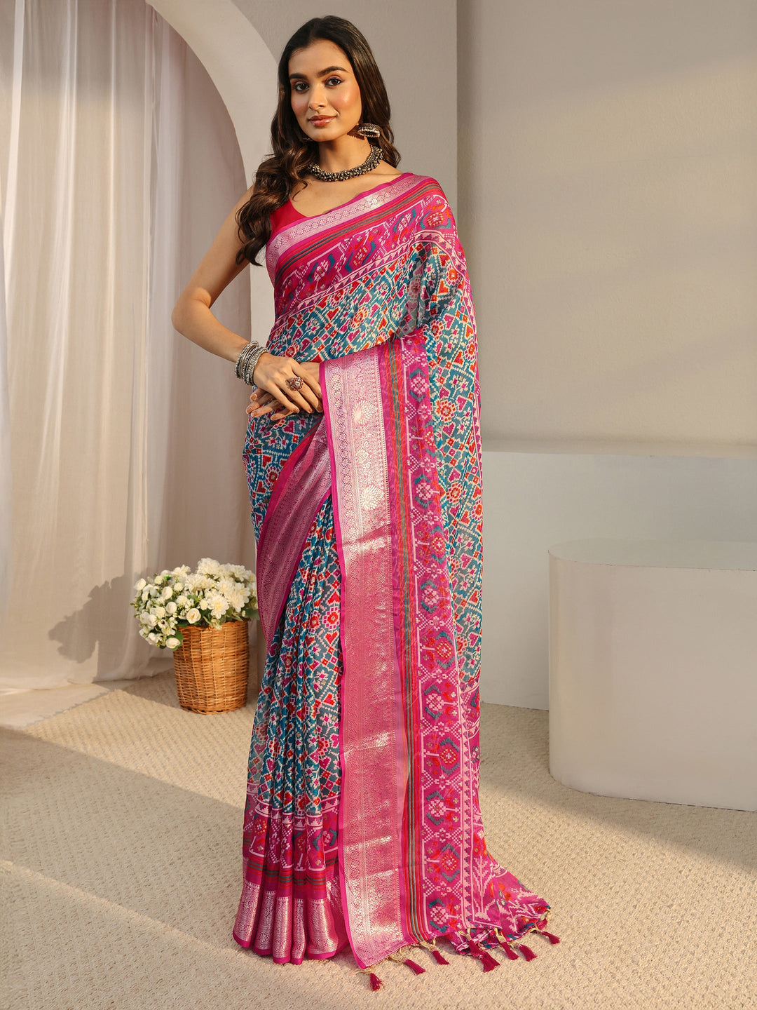  Libas Blue Pochampally Ikkat Chiffon Saree With Unstitched Blouse Piece 