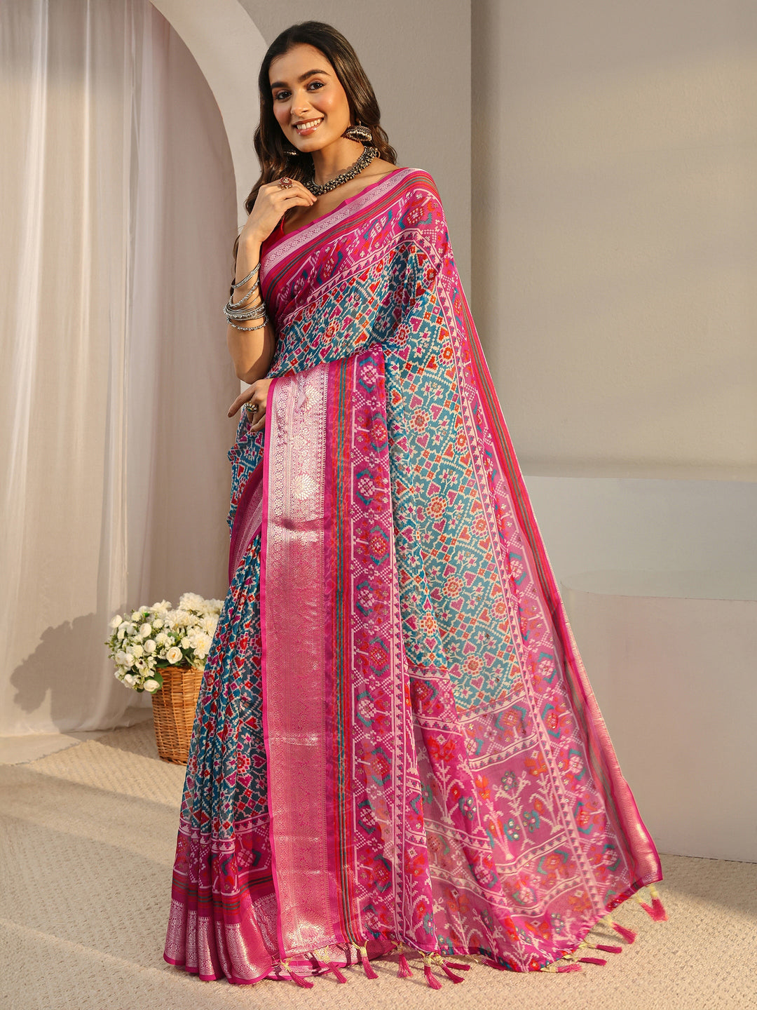  Libas Blue Pochampally Ikkat Chiffon Saree With Unstitched Blouse Piece 