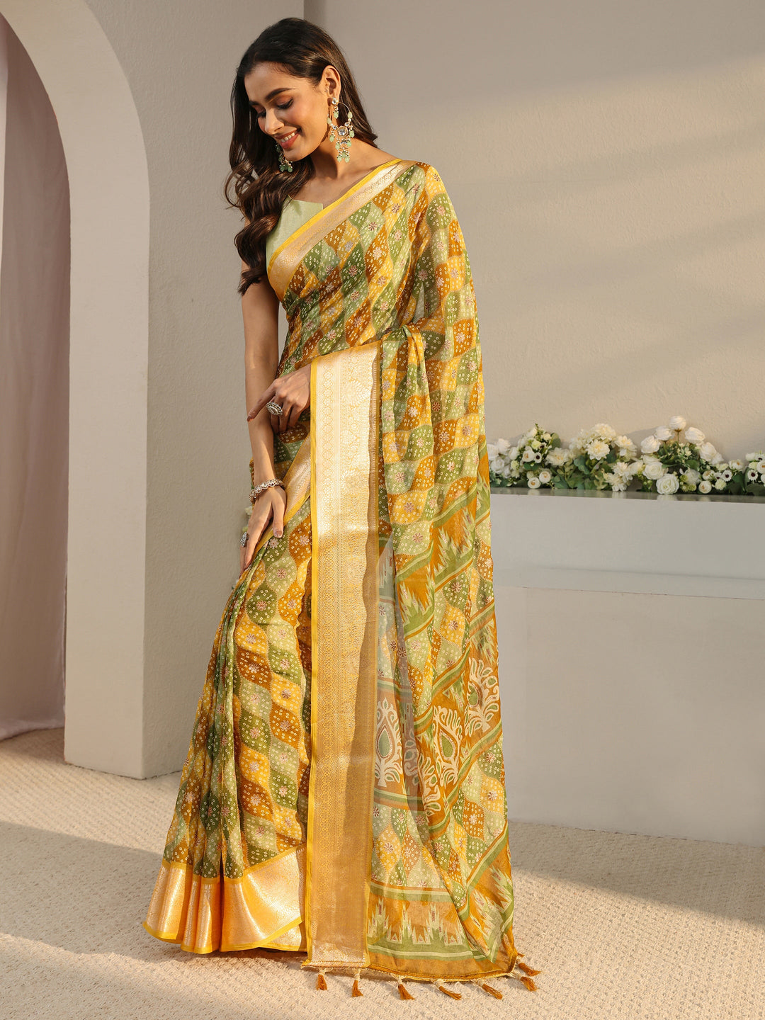  Multi Bandhani Printed Chiffon Saree With Unstitched Blouse Piece 