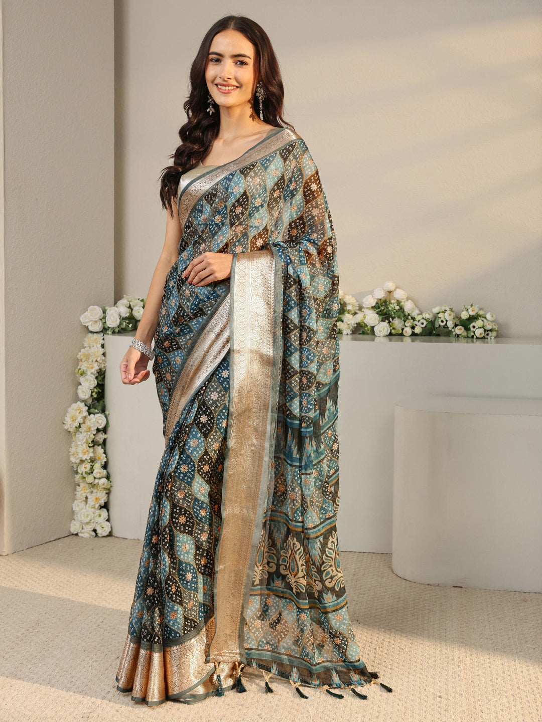  Blue Bandhani Printed Chiffon Saree With Unstitched Blouse Piece 