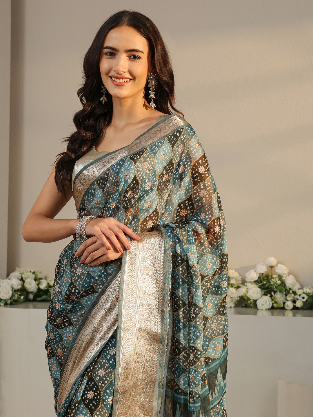  Blue Bandhani Printed Chiffon Saree With Unstitched Blouse Piece 