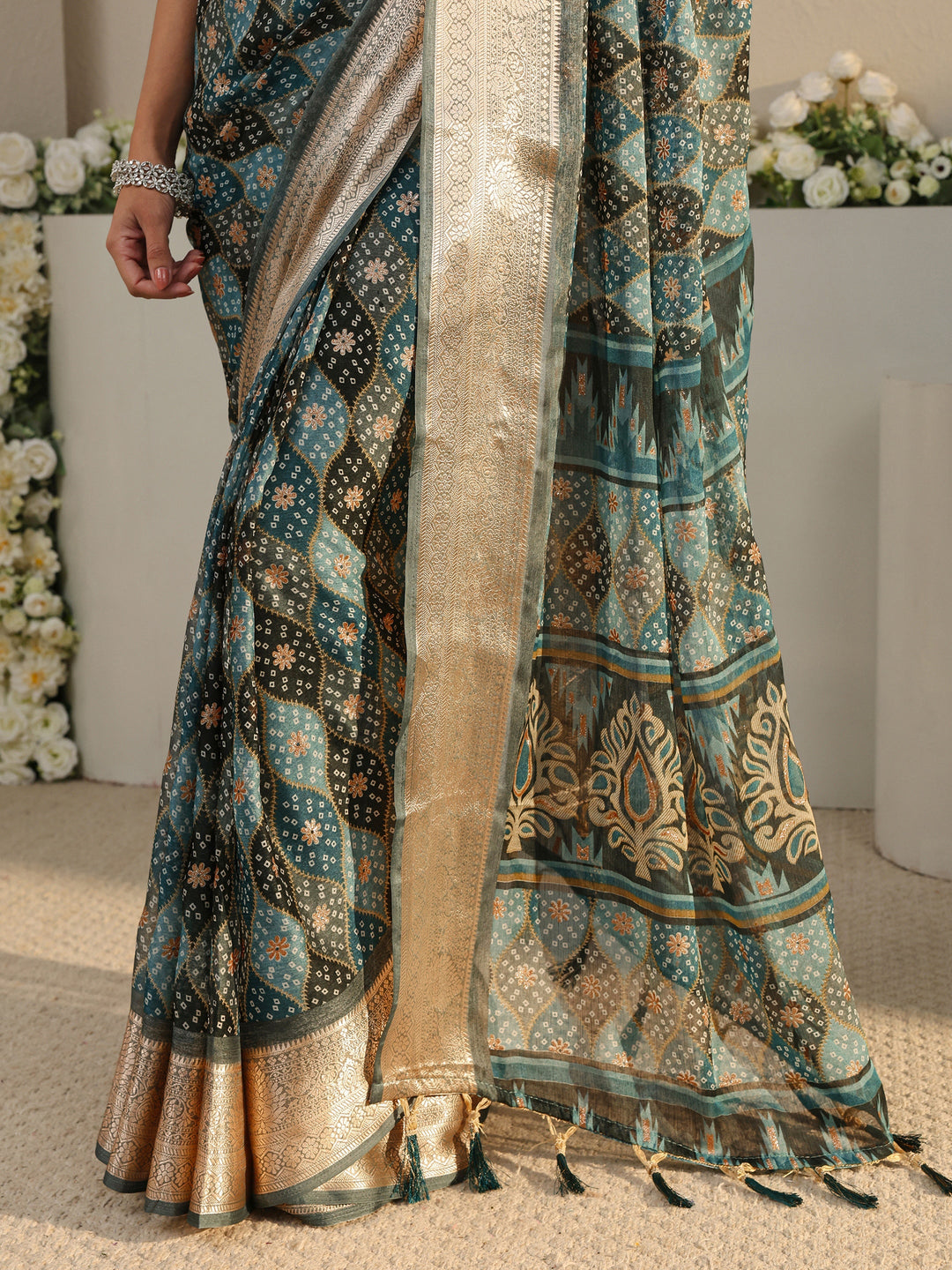  Blue Bandhani Printed Chiffon Saree With Unstitched Blouse Piece 
