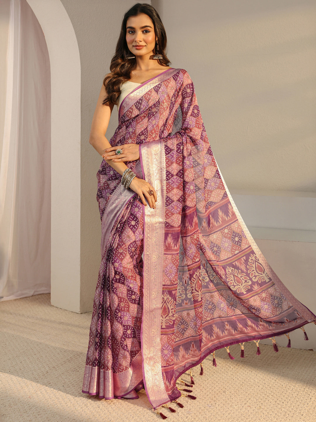  Purple Printed Chiffon Saree With Unstitched Blouse Piece 