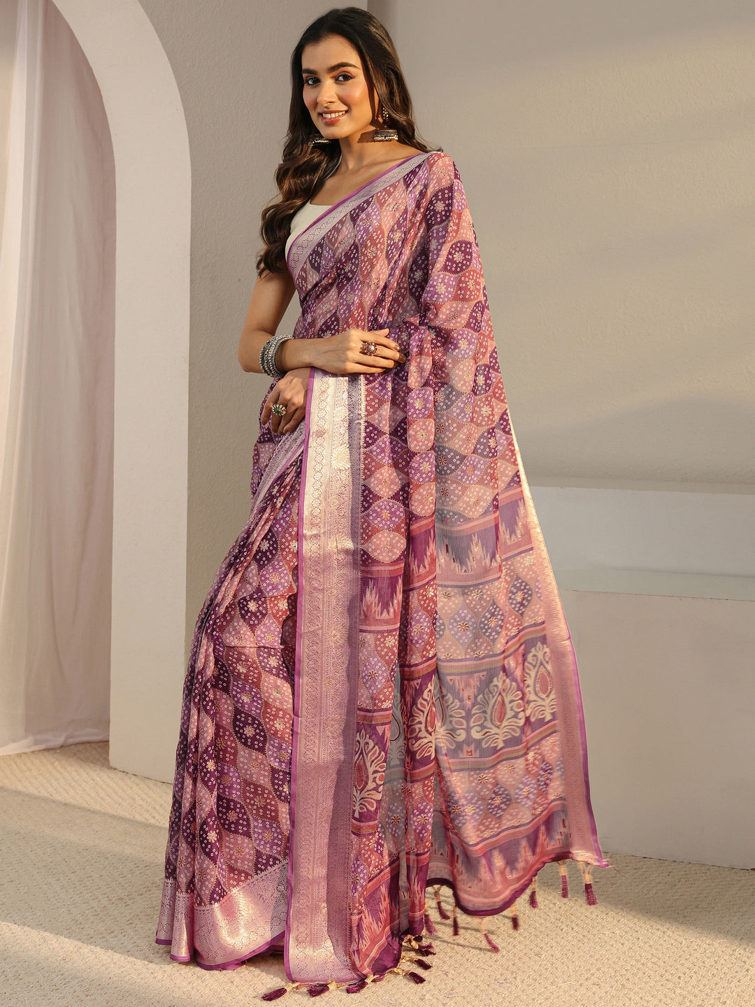  Purple Printed Chiffon Saree With Unstitched Blouse Piece 