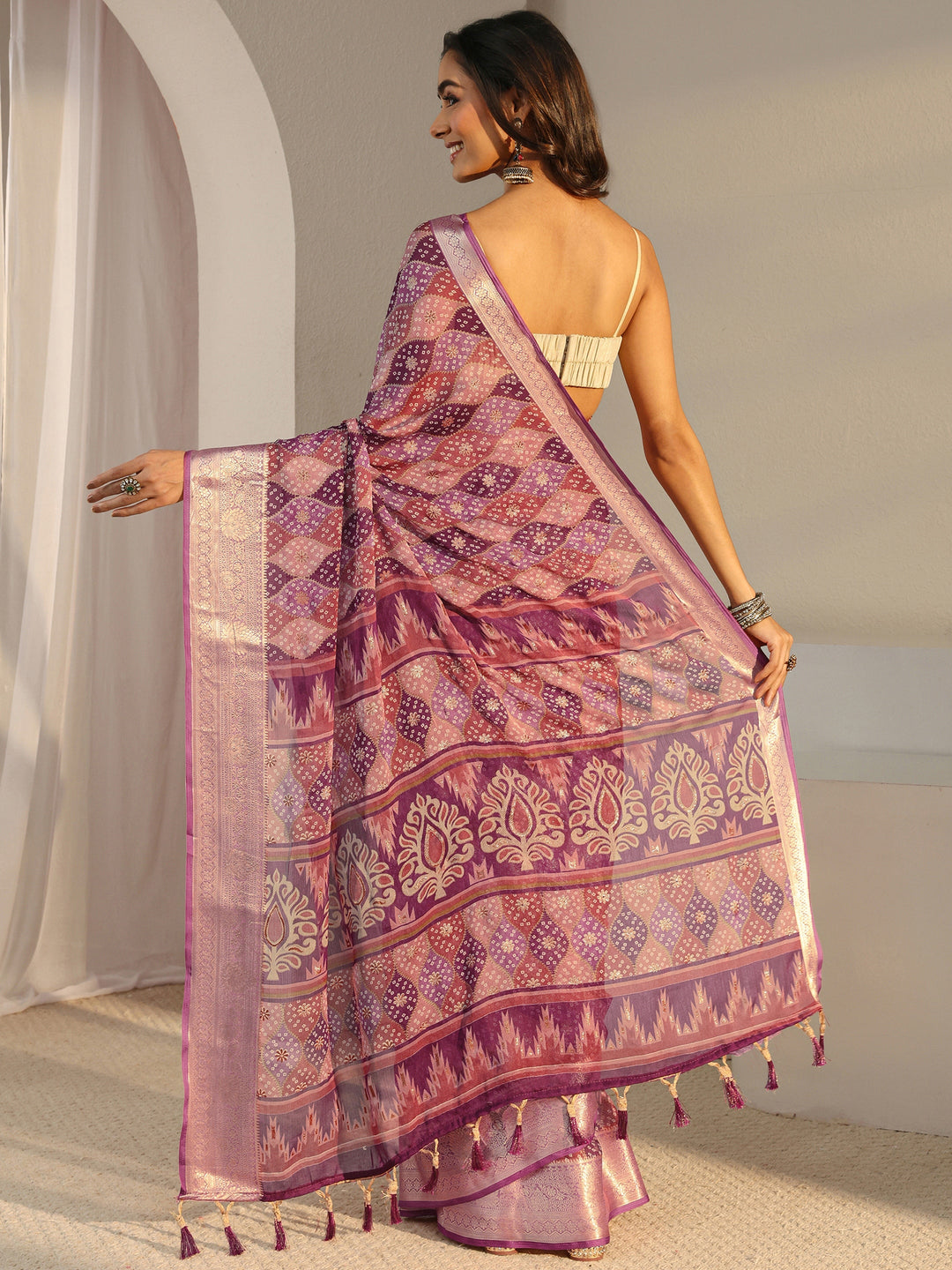  Purple Printed Chiffon Saree With Unstitched Blouse Piece 