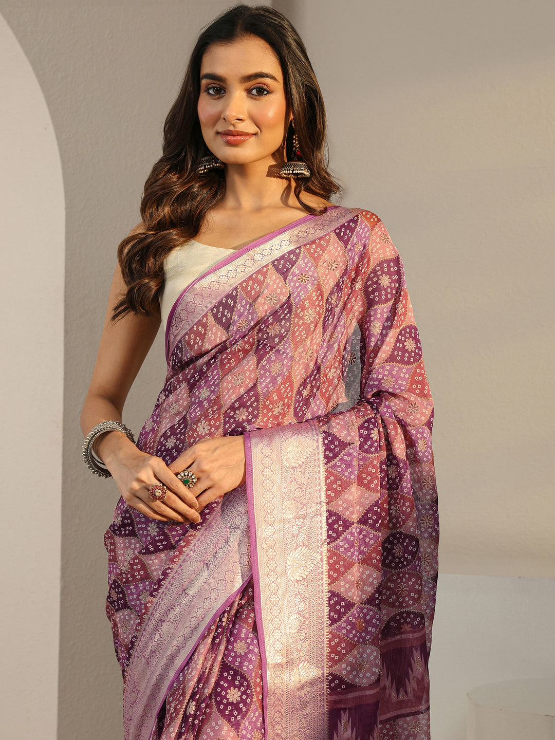  Purple Printed Chiffon Saree With Unstitched Blouse Piece 