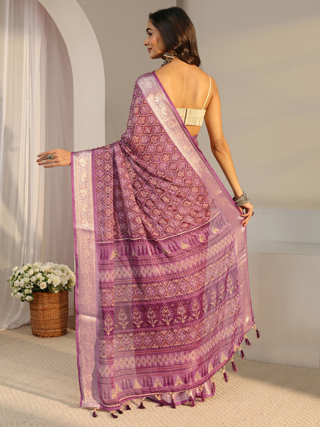  Purple Bandhani Printed Chiffon Saree With Unstitched Blouse Piece 