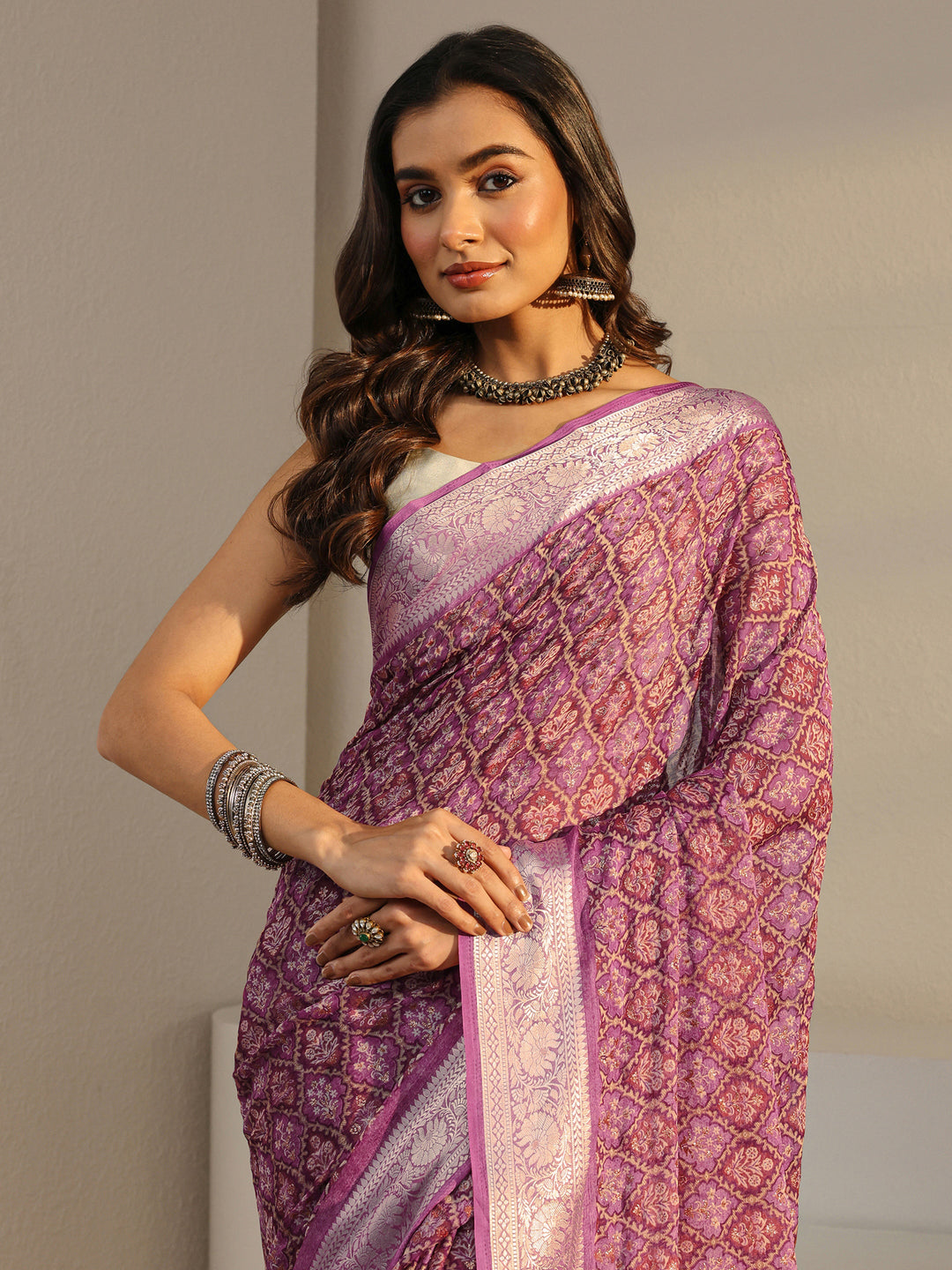  Purple Bandhani Printed Chiffon Saree With Unstitched Blouse Piece 