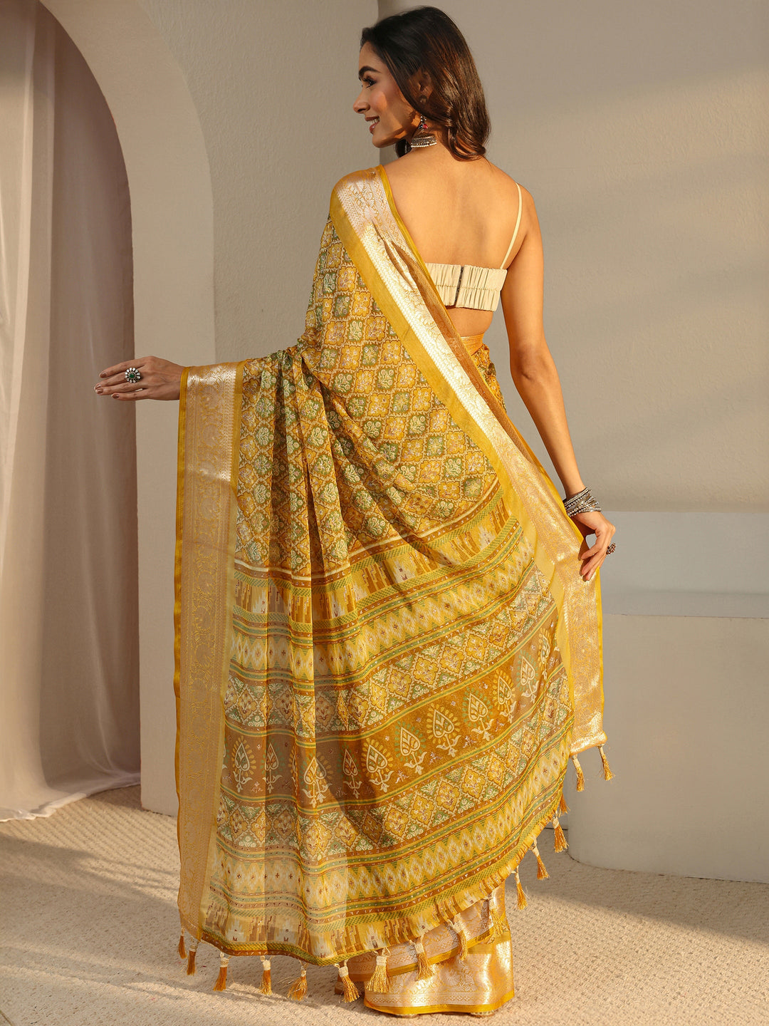  Mustard Printed Chiffon Saree With Unstitched Blouse Piece 