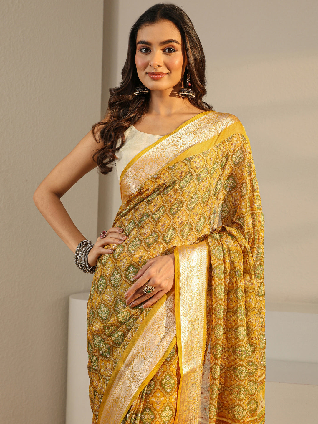  Mustard Printed Chiffon Saree With Unstitched Blouse Piece 